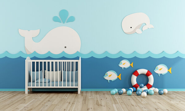 Baby room in marine style with cradle - 3d rendering