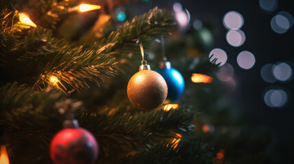 Christmas tree ornaments on the branches of a Christmas tree, closeup