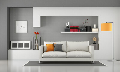 Minimalist living room with modern sofa and shelves - 3d rendering