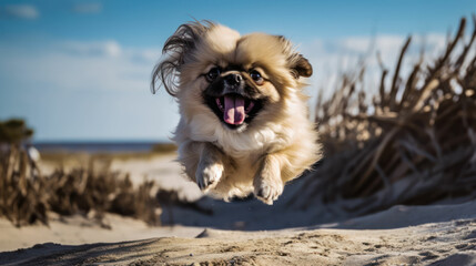 Close up photo of a Pekingese dog jumping to the beach.