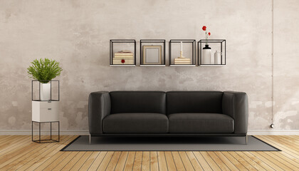 Old room with modern sofa and shelves - 3d rendering
