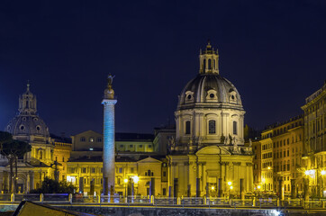 Church of the Most Holy Name of Mary and Trajan's Column at the Trajan Forum, Rome. Evening