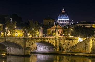 Fototapeta na wymiar view of Ponte Vittorio Emanuele II and St. Peter's Basilica in evening, Rome