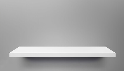Universal minimalistic background for product presentation. White empty shelf on a light gray wall.