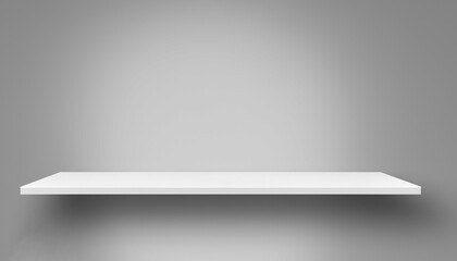 Universal minimalistic background for product presentation. White empty shelf on a light gray wall.