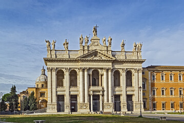 Fototapeta na wymiar The Papal Archbasilica of St. John Lateran is the cathedral church and the official ecclesiastical seat of the Bishop of Rome, who is the Pope. Facade of the basilica