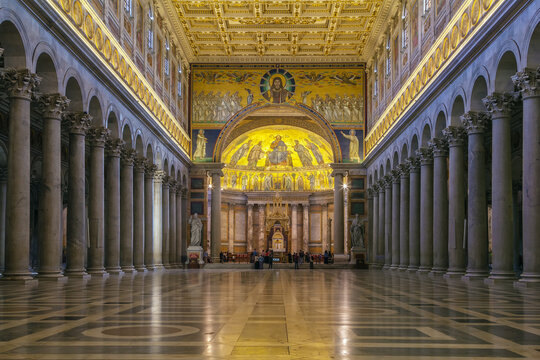 Basilica of Saint Paul Outside the Walls is one of Rome's four ancient major basilicas or papal basilicas. Interior of the church