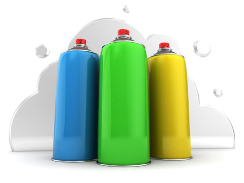 3d illustration of spray bottles over cloud background