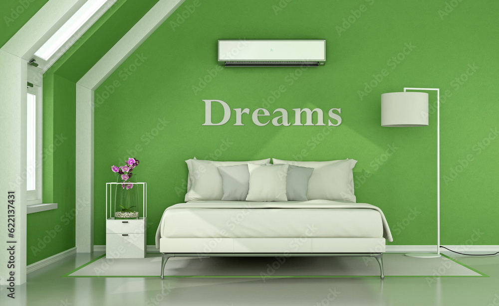 Wall mural green bedroom in the attic with double bed, lamp and air conditioner - 3d rendering