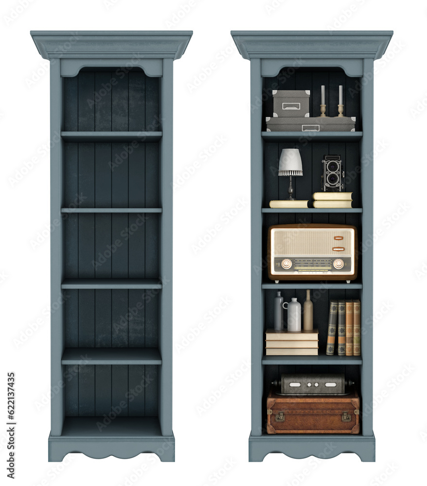 Poster two retro bookcases isolated on white -3d rendering