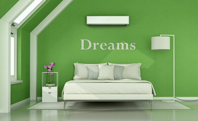 Green bedroom in the attic with double bed, lamp and air conditioner - 3d rendering