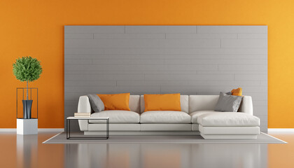 Gray and orange modern living room with sofa and gray decorative panel on wall - 3d rendering
