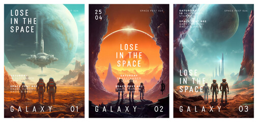 Space and science fiction. Set of vector illustrations for poster, cover or banner. Illustration of space