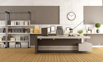 Modern ofiice space with desk,bookcase and concrete panel - 3d rendering