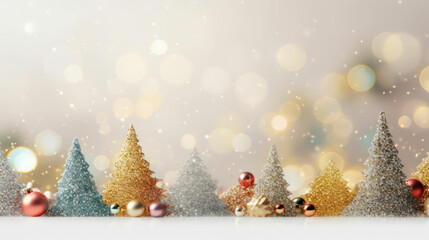 Fototapeta na wymiar Christmas banner with blank space for text, xmas tree and sparkle bokeh lights on white canvas background.