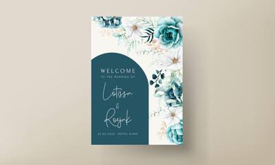 beautiful watercolor tosca flower and leaves invitation card