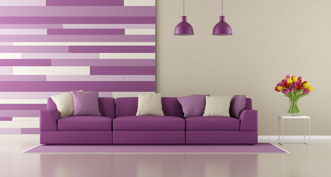 Contemporary purple living room with sofa and decorative panel on wall - 3d rendering