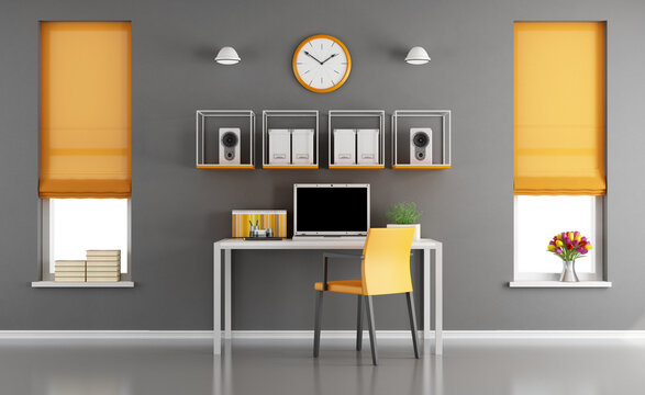 Gray and orange modern workspace with little desk with laptop and two windows - 3d rendering