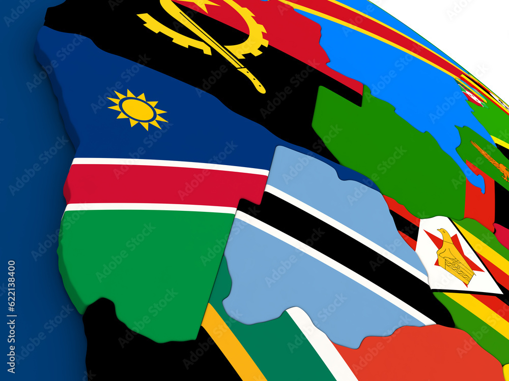 Aufkleber map of namibia and botswana on globe with embedded flags of countries. 3d illustration.