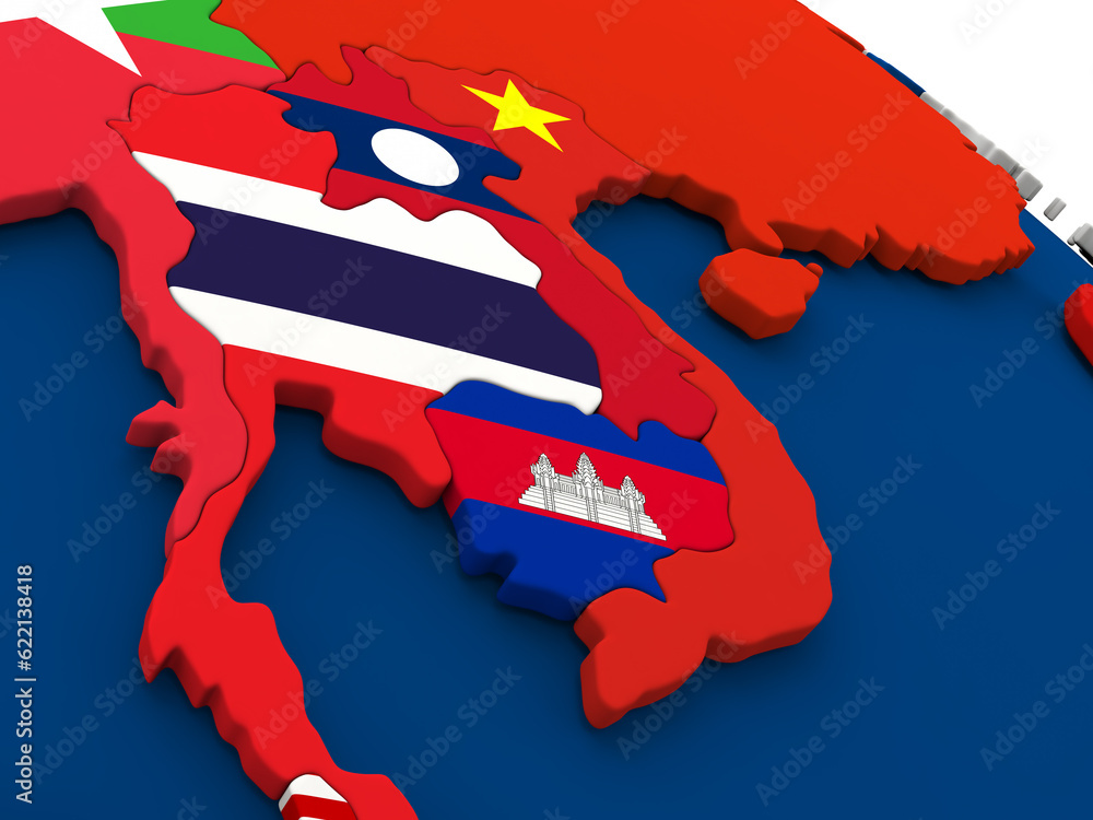 Poster map of laos and cambodia on globe with embedded flags of countries. 3d illustration.