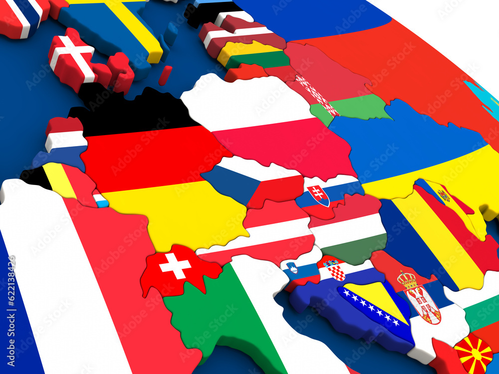 Poster map of central europe on globe with embedded flags of countries. 3d illustration.