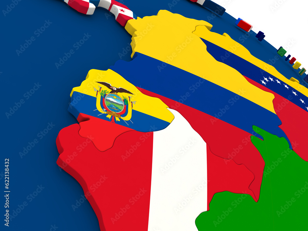 Aufkleber map of ecuador on globe with embedded flags of countries. 3d illustration.