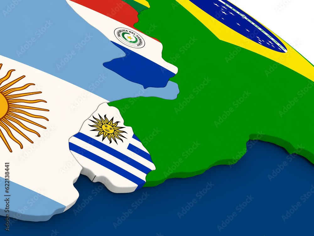 Aufkleber map of uruguay on globe with embedded flags of countries. 3d illustration.