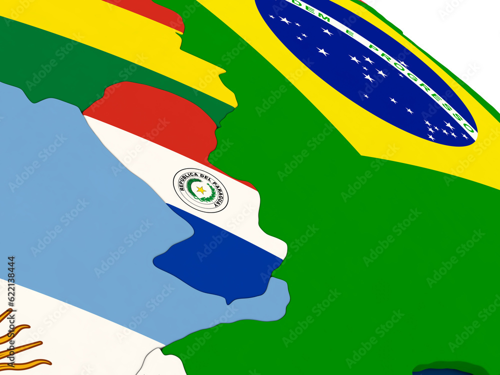 Poster map of paraguay on globe with embedded flags of countries. 3d illustration.