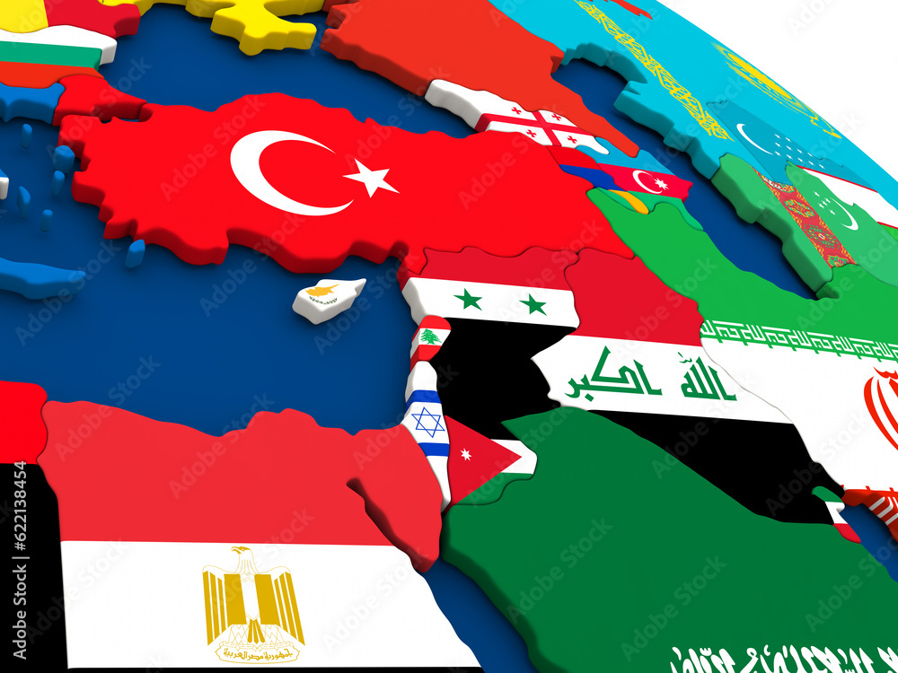 Aufkleber map of middle east on globe with embedded flags of countries. 3d illustration.