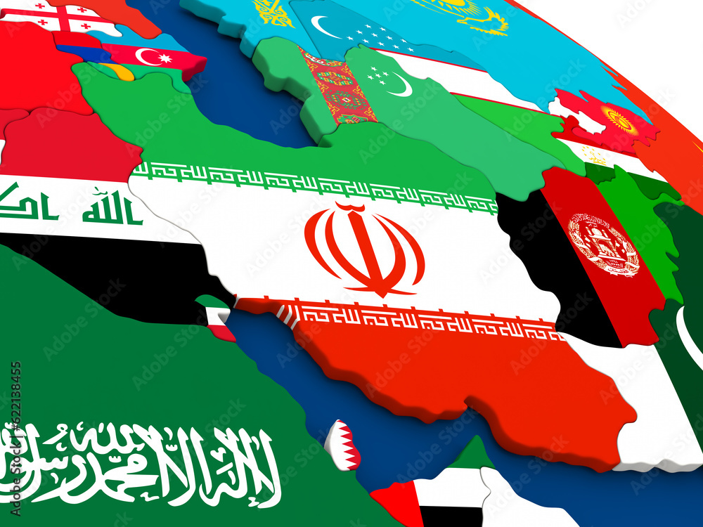 Aufkleber map of iran on globe with embedded flags of countries. 3d illustration.