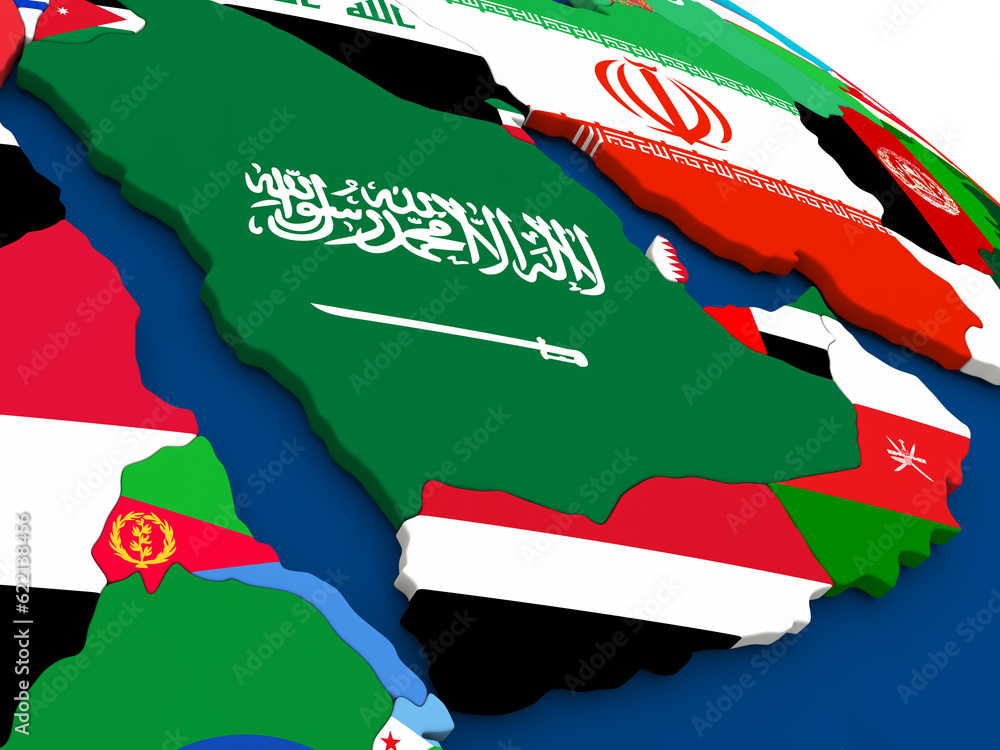 Poster map of arab peninsula on globe with embedded flags of countries. 3d illustration.