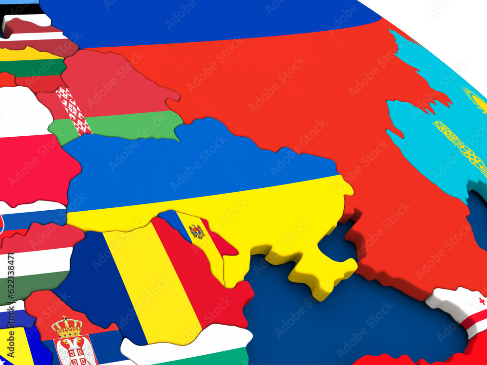 Poster map of ukraine on globe with embedded flags of countries. 3d illustration.