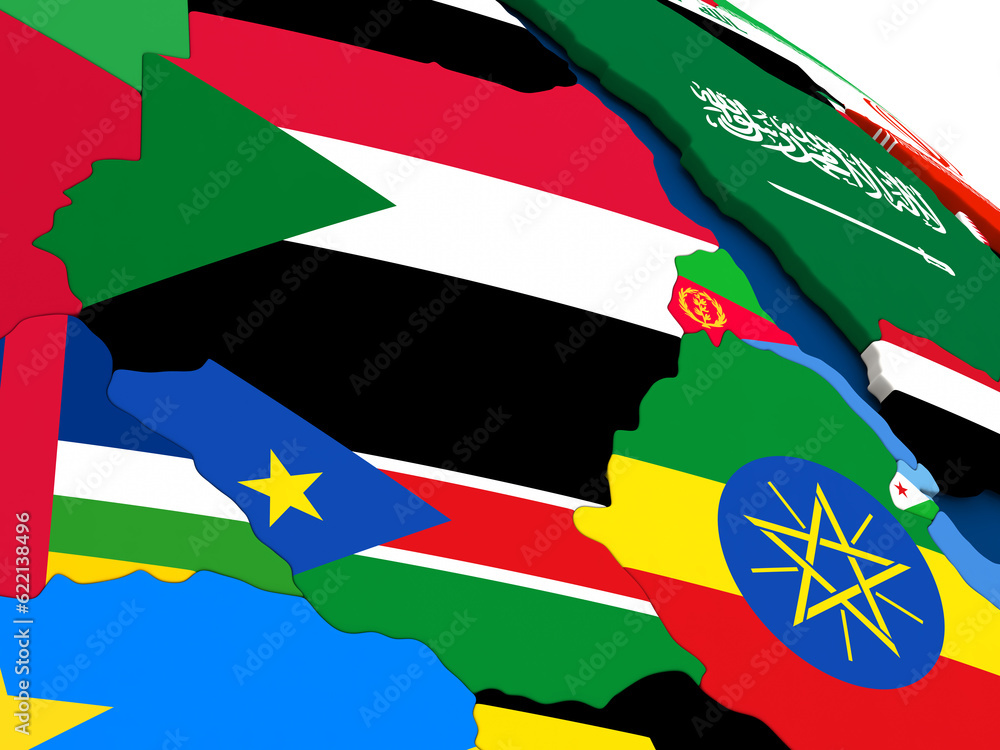 Aufkleber map of sudan and south sudan on globe with embedded flags of countries. 3d illustration.
