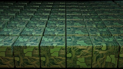 Array of cubes with circuit board pattern. Boxes with green circuit board texture. Cube computing.  Microcomputers. Render farm. 3d render illustration.