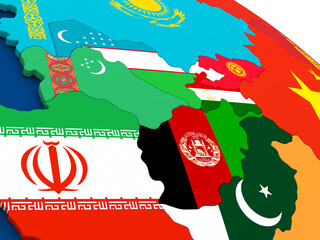 Map of Turkmenistan, Uzbekistan, Afghanistan, Kyrgizstan and Tajikistan on globe with embedded flags of countries. 3D illustration.