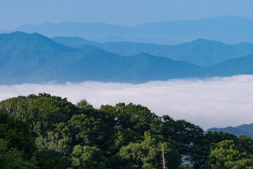a river of mist hovering in a blue ridge Appalachian mountain valley is seen in the distance from...