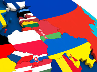 Map of east Europe on globe with embedded flags of countries. 3D illustration.