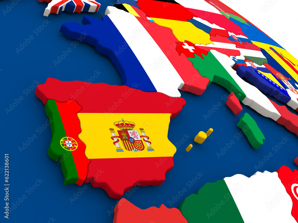Poster map of spain and portugal on globe with embedded flags of countries. 3d illustration.