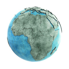 Africa on 3D model of planet Earth made of blue marble with embossed countries and blue ocean. 3D illustration isolated on white background.