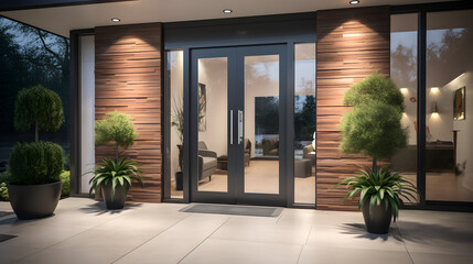 Modern villa entrance house entrance black wall, wood and mirror door Generative AI