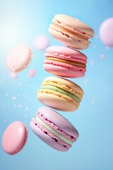 Commercial photography, close up of four macaroons flying in the air