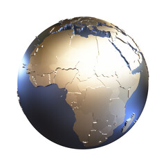 Africa on elegant metallic model of planet Earth with blue ocean and shiny embossed continents with visible country borders. 3D illustration isolated on white background.