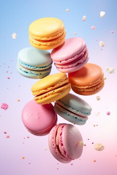 Commercial photography, close up of four macaroons flying in the air