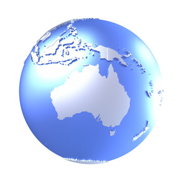 Australia on bright metallic model of planet Earth with blue ocean and shiny embossed continents with visible country borders. 3D illustration isolated on white background.