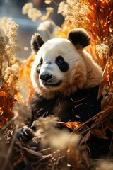 Photo of a panda in the style of golden hour
