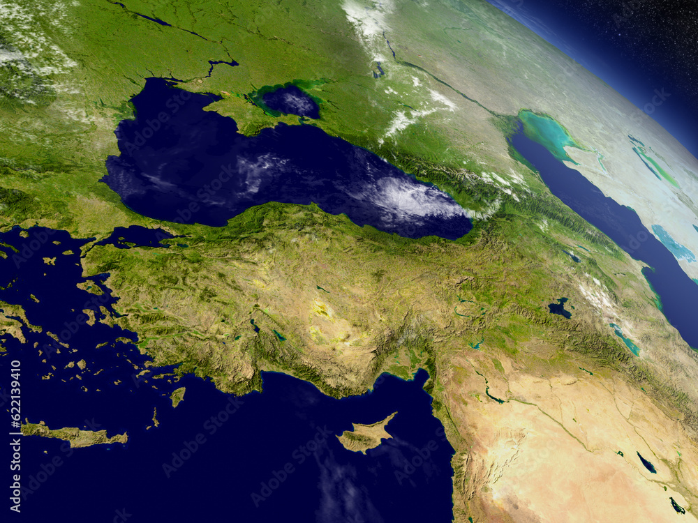 Aufkleber turkey with surrounding region as seen from earth's orbit in space. 3d illustration with highly deta