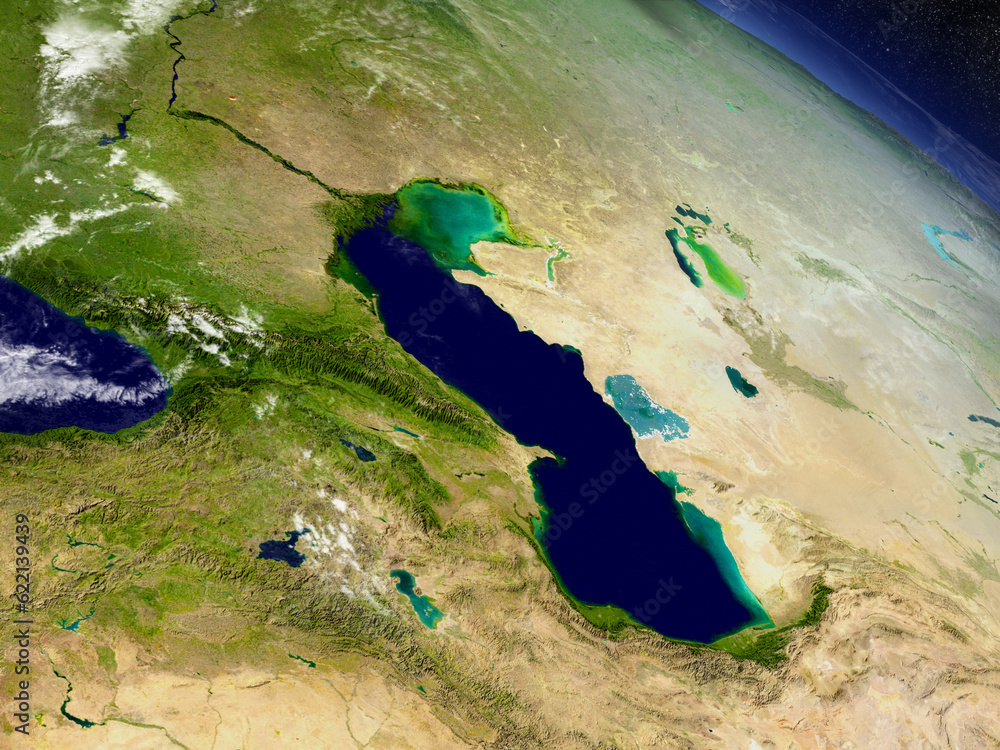 Aufkleber caucasus with surrounding region with surrounding region as seen from earth's orbit in space. 3d ill