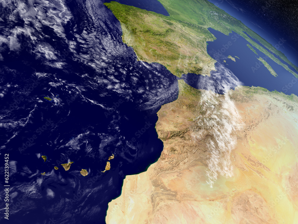 Aufkleber morocco with surrounding region as seen from earth's orbit in space. 3d illustration with highly det