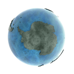 Fototapeta premium Antarctica on 3D model of planet Earth made of blue marble with embossed countries and blue ocean. 3D illustration isolated on white background.