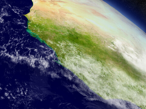 Liberia, Sierra Leone and Guinea with surrounding region as seen from Earth's orbit in space. 3D illustration with detailed planet surface and clouds. Elements of this image furnished by NASA.